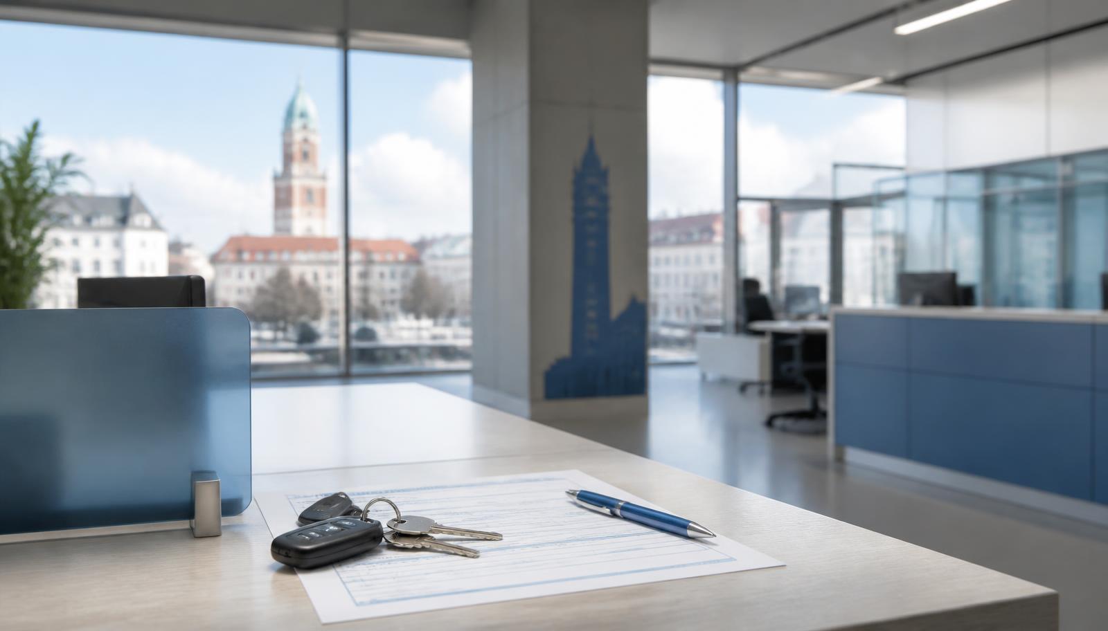 Schreibtisch einer Behörde in Darmstadt mit Führerschein-Formular, Autoschlüssel und Stift